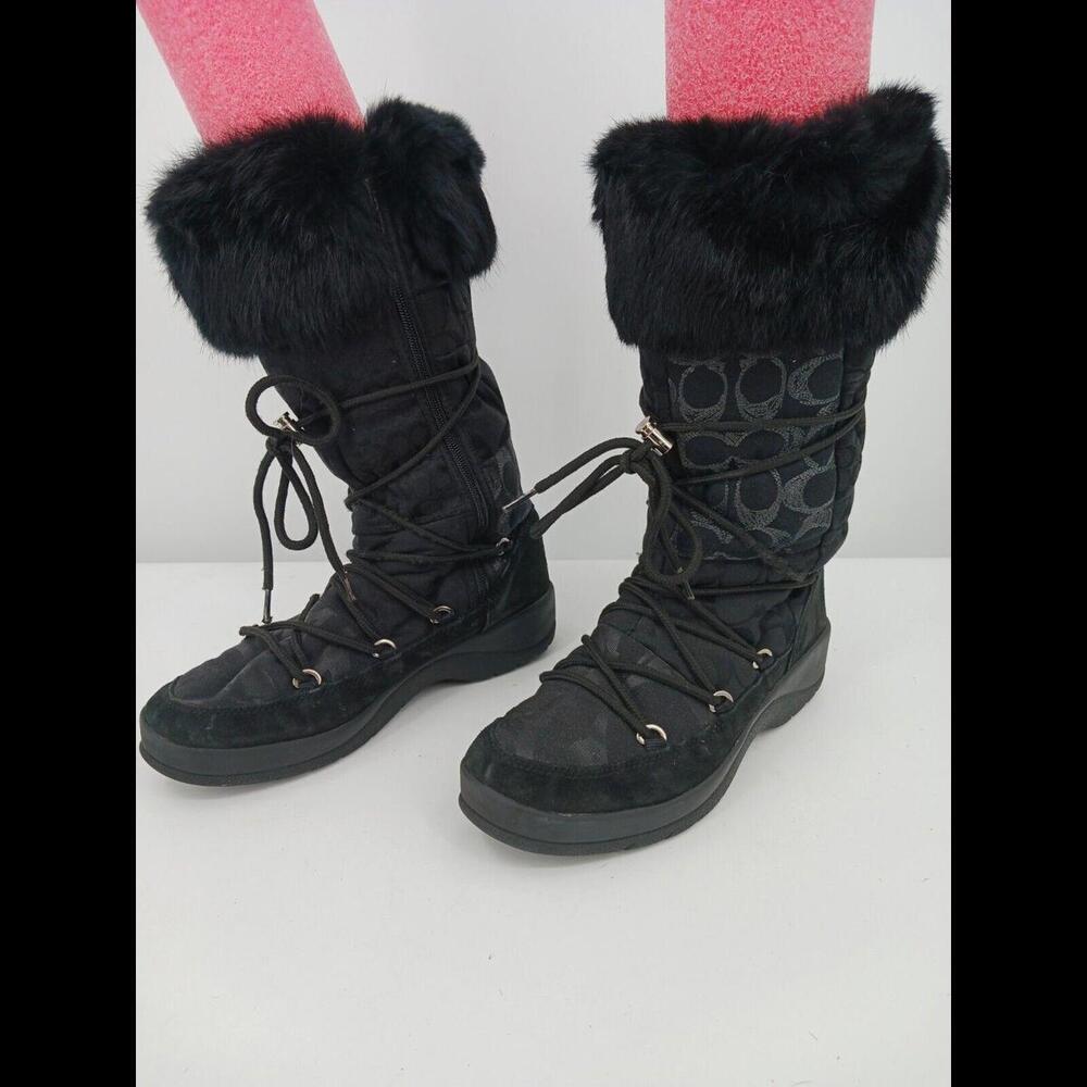 Coach Women Boot 8 Black Snow Boot Lacing Fur Trim Logo Stacked Heel Low - Picture 2 of 11